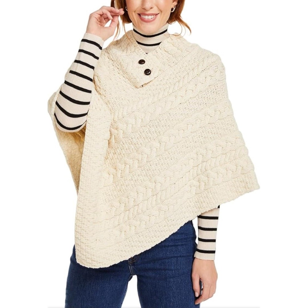 Carraig Donn Aran Ireland Womens Cream Poncho Fisherman Knit 100% Merino Wool